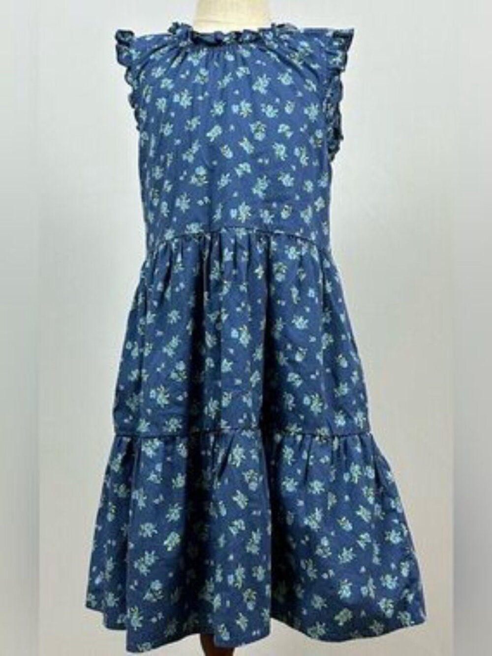 Walking On Sunshine Girls Floral Tiered Dress Ruffle Sleeve Blue Large (10-12)